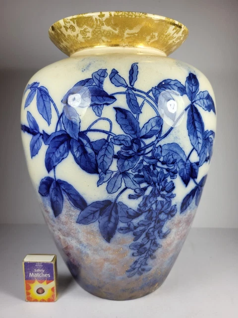 Lovely Large Old Fashioned Flo Blue Ceramic Vase Butterfy Bird Wisteria Flower