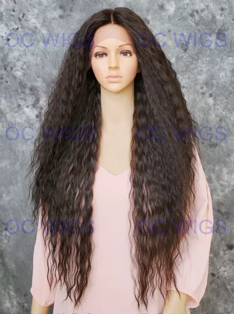 Extra Long Wavy Heat Safe Lace Front Human Hair Blend Wig Dark Brown EVFB 4