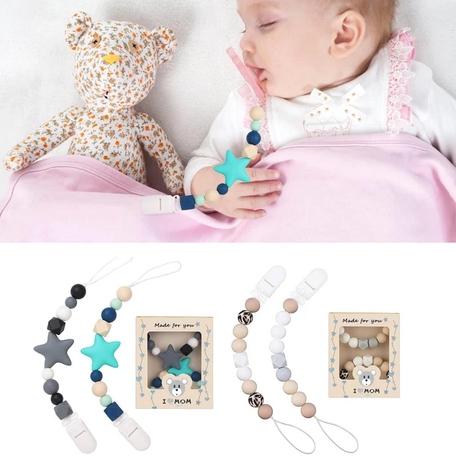 2PCS Baby Wooden Dummy Clips with Silicone Bead Dummy Pacifier Clip Chain Strap