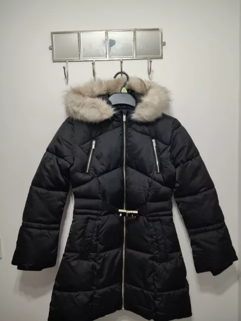 Girls River Island Black Puffa Coat Fur Trim Hood Age 11-12 years 152cms BNWT