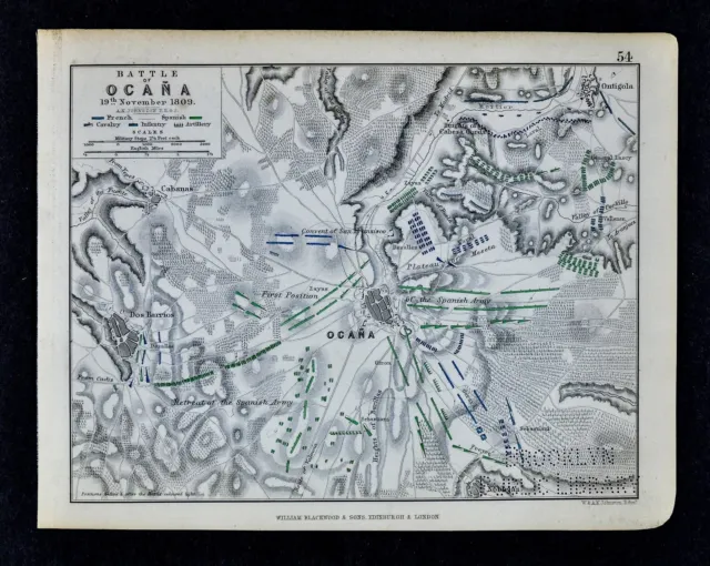1850 Johnston Antique Military Map Napoleon Battle of Ocana 1809 Spain France