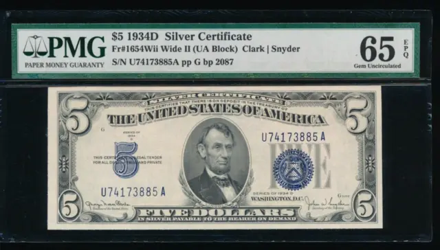 AC 1934D $5 Silver Certificate Wide II PMG 65 EPQ U-A block Fr 1654Wii !!!