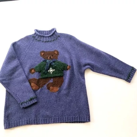 Vtg Bell Pointe Boxy Sweater Teddy Bear w 3D Plaid Scarf Snowflake Roll Neck XL