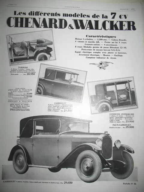 Publicite De Presse Chenard & Walcker Automobile 7 Cv French Ad 1928