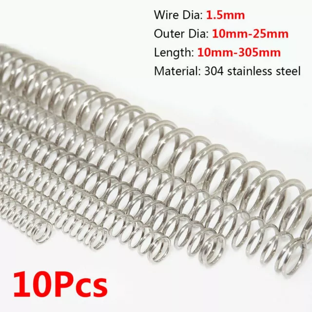 10Pcs Wire Dia 1.5mm OD 10mm-25mm Stainless Compression Spring Length 10mm-305mm
