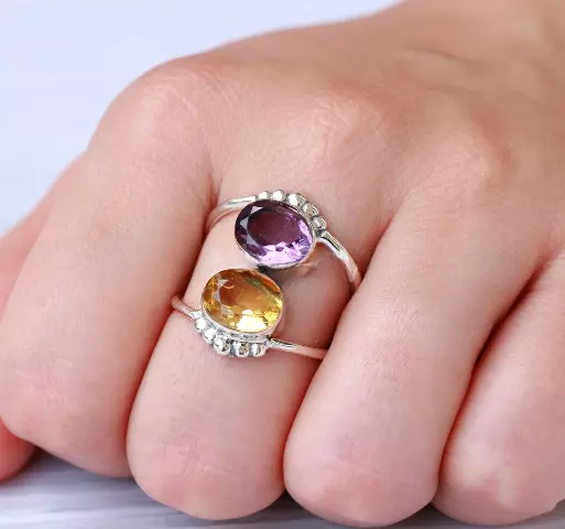 925 Solid Sterling Silver Natural Amethyst & Citrine Cut Dainty Ring, Gift