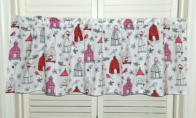 Curtain Valance Bird Birdcage Cage Birdhouse Butterfly Flower Pink Gray 42x14