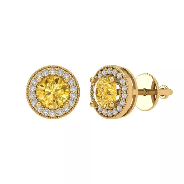 3.6 Round Cut Halo Natural Citrine Designer Stud Earrings Real 14k Yellow gold