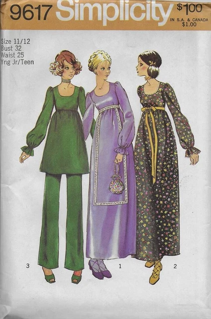 Vintage 70s Simplicity Pattern 9617 MAXI DRESS, TUNIC, BELL BOTTOM PANTS 11/12