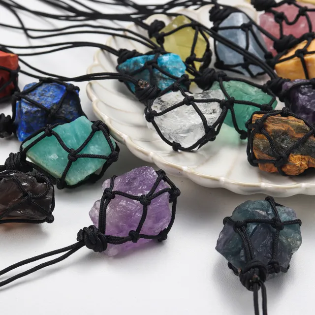 Natural Chakra Raw Stone Crystal Gem Pendant Necklace Wrap Braid Energy Jewelry
