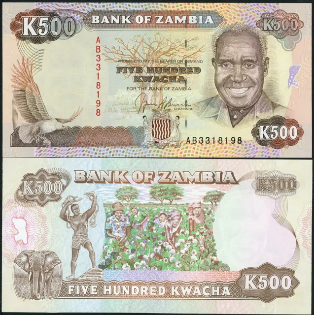 ZAMBIA COLORFUL 500 KWACHA CURRENCY BILL MONEY BANKNOTE P-35a c.1991, UNC!