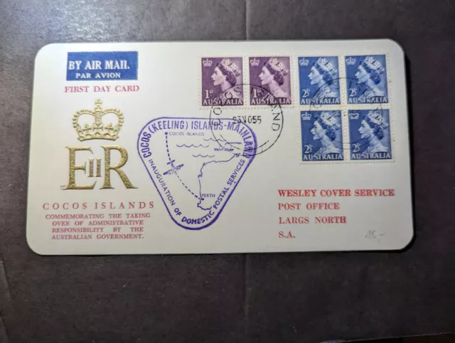 1955 Australia Airmail QE2 First Day Cover FDC Cocos Island to Largs North SA