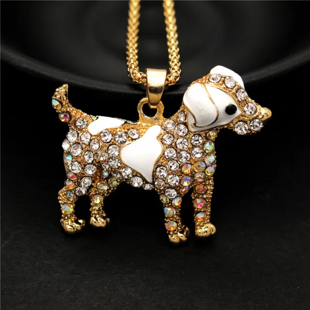 Fashion Women Cute White Enamel Crystal Dog Rhinestone Pendant Chain Necklace 2