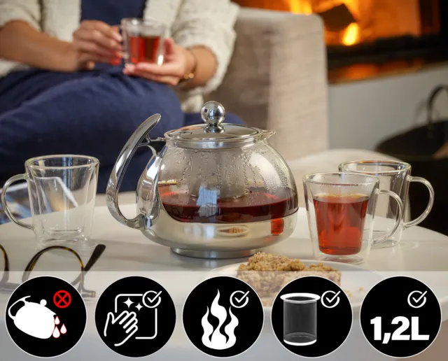 Théière avec passoire thé en acier inoxydable verre 1,2 litres boisson chaude 2