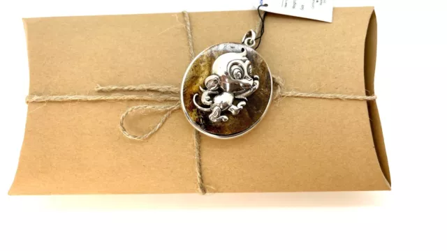 Monkey Silver Pendant On Natural Amber Plate Oval Shape Gift For Necklace Zoo Y