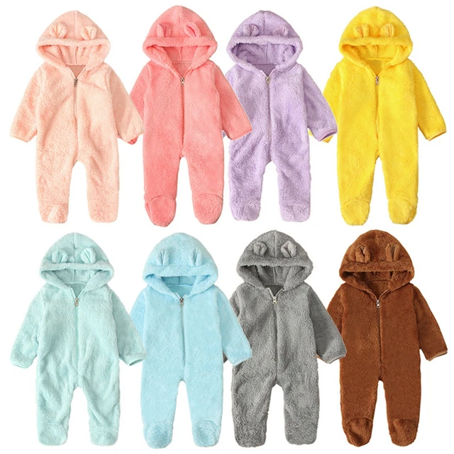 Newborn Infant Baby Girl Boy Bear Ears Footed Hooded Zip Romper Fleece Jumpsuit