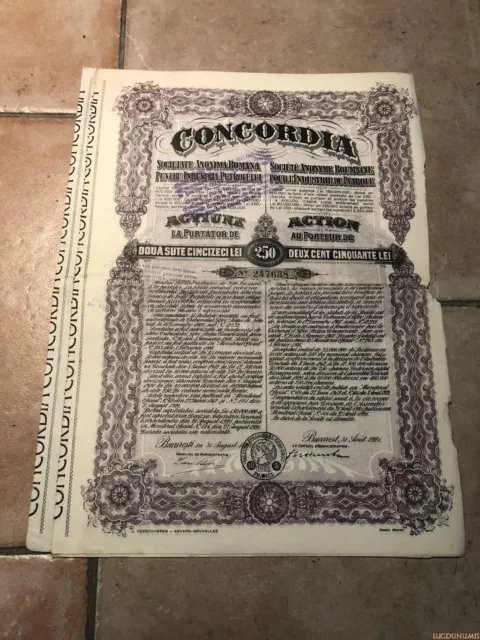 Concordia SA Roumanie Industrie du Pétrole 250 Lei 31 Aout 1921 Bucarest