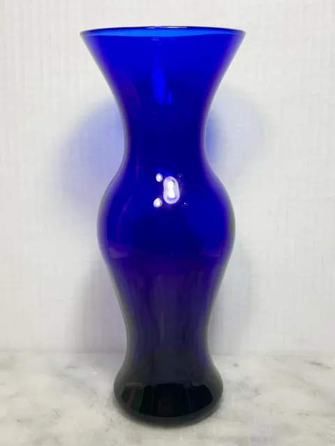 Vintage Cobalt Blue 9” Tall Glass Vase Hand Blown Art Glass