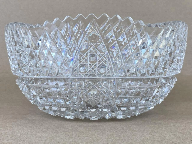 Antique Victorian American Brilliant Glass ABP Cut Crystal Hobstar 8" Bowl Dish 4