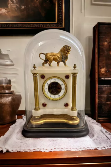 19th C French Alabaster & Brass Mantle Clock with Lion Figure Under Domed Glass