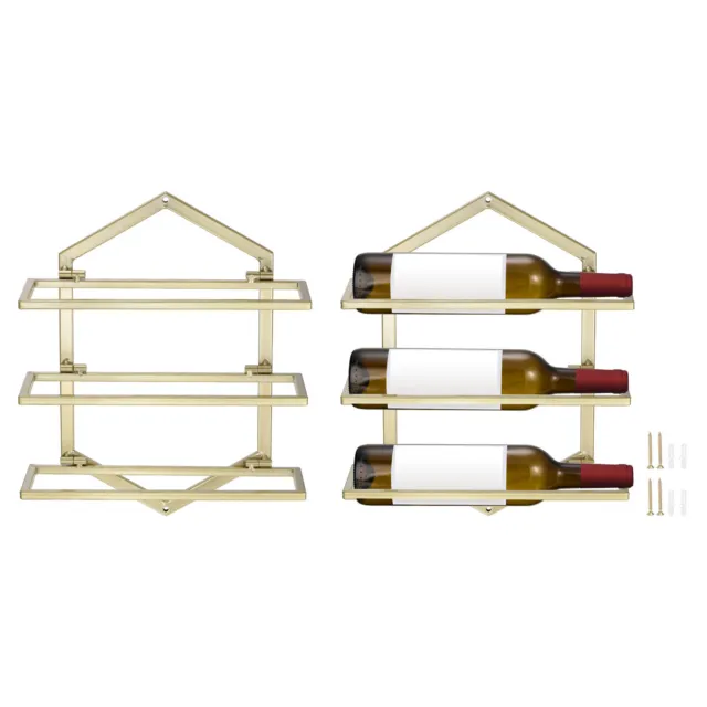 2 Set Wall Mounted Wine Rack - Hanging Wine Bottle Holder Holds 3 Bottles Golden