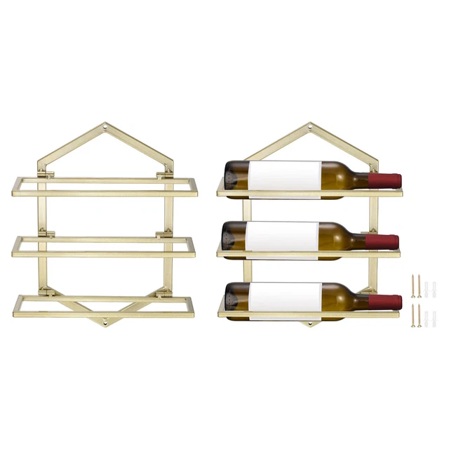 2 Set Wall Mounted Wine Rack - Hanging Wine Bottle Holder Holds 3 Bottles Golden