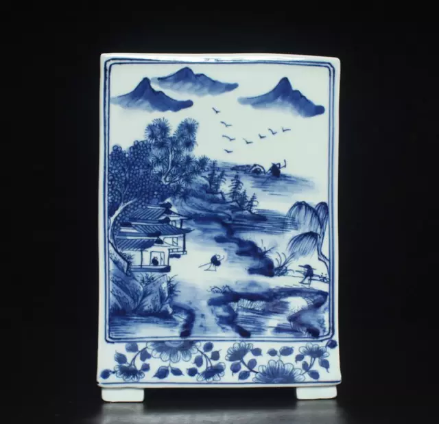 Kangxi Signed Chinese Blue & White Porcelain Brush Pot w/landscape 3