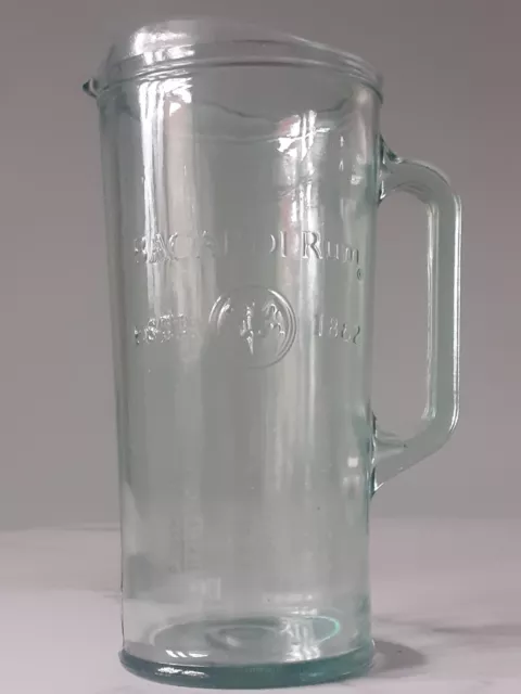 Vintage Bacardi Tall Aqua Glass Embossed Pitcher With 3 Cocktail Recipes.