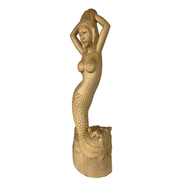 Sexy Mermaid Siren Sculpture Hand Carved Wood Carving Statue Nautical Bali Art 3