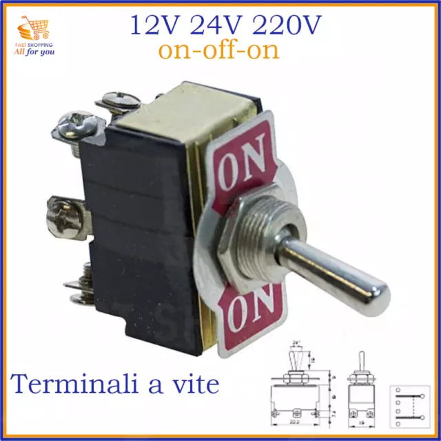 Interruttore doppio deviatore a levetta on off on 220V 12V 3 posizioni bipolare