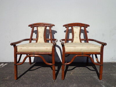 2 Chairs Pair Armchair Asian Ming Chinoiserie Rattan Bamboo Vintage Mid Century