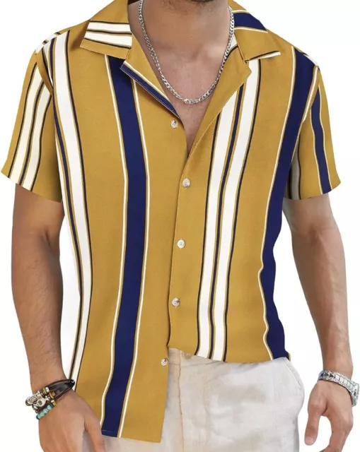 COOFANDY Mens Hawaiian Shirts Short Sleeve Striped Shirt Button Down Beach Shirt
