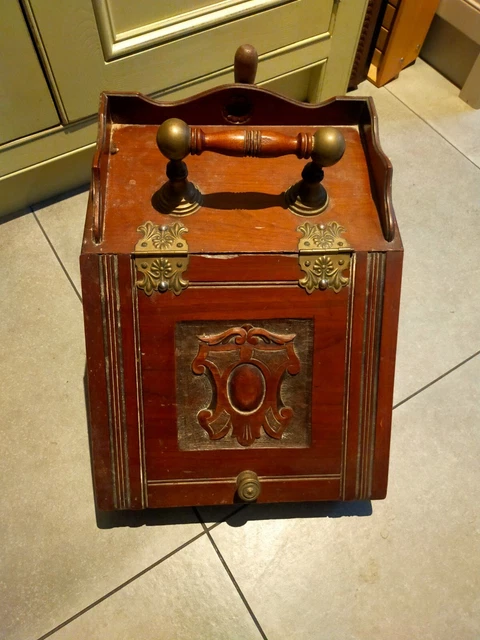 Vintage brass embellished wooden coal scuttle with shovel