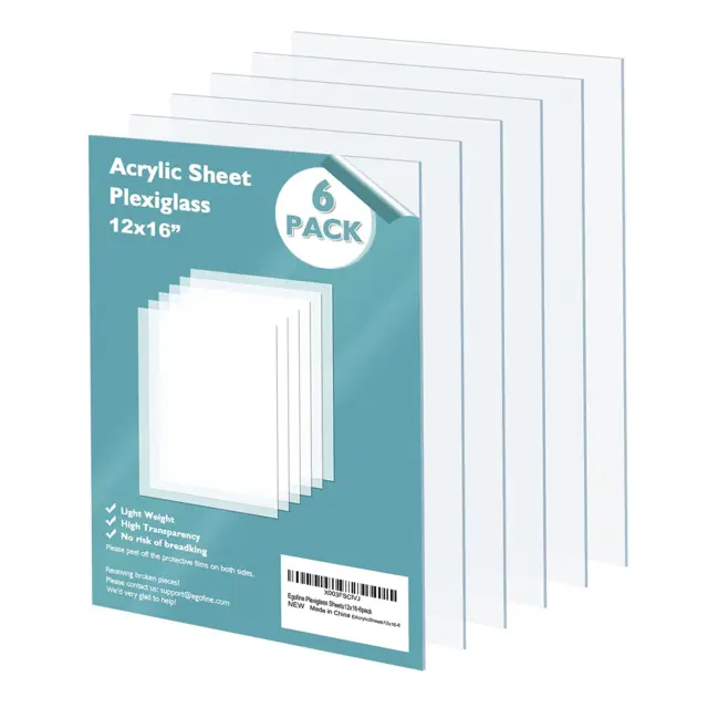 Egofine Plexiglass Sheets Acrylic Sheets 6 Pack of 12x16’’ 0.04 Thick Clear