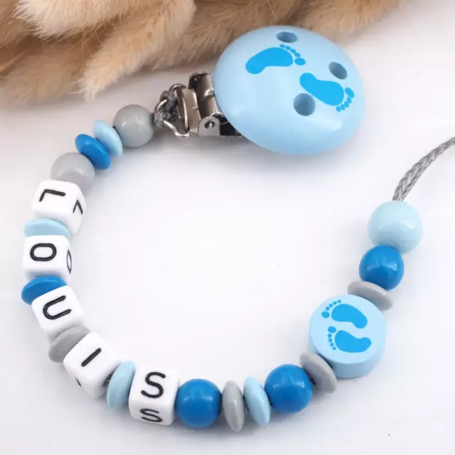 Schnullerkette mit Namen - Junge - BABYFÜßE blau Nuckelkette Geschenk Geburt