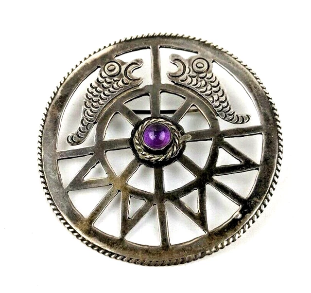 Taxco Sterling Silver 2 1/4" Amethyst Brooch Mayan Fish and Star Design Early Pc