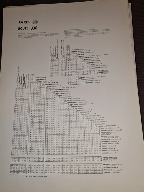 Fare Chart LONDON TRANSPORT BUS RT/RF Conductors Fare Chart Route 336 1968 £12.99 ...