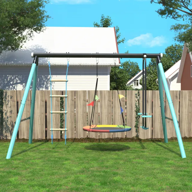 Metal Frame Garden Swing Seesaw Set Outdoor Backyard Play Set for Kids Children