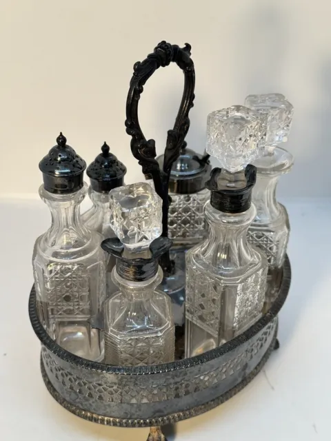 Crystal Cruet Condiment Set Claw Footed Caddy Victorian Silver Plated 8 PC 2