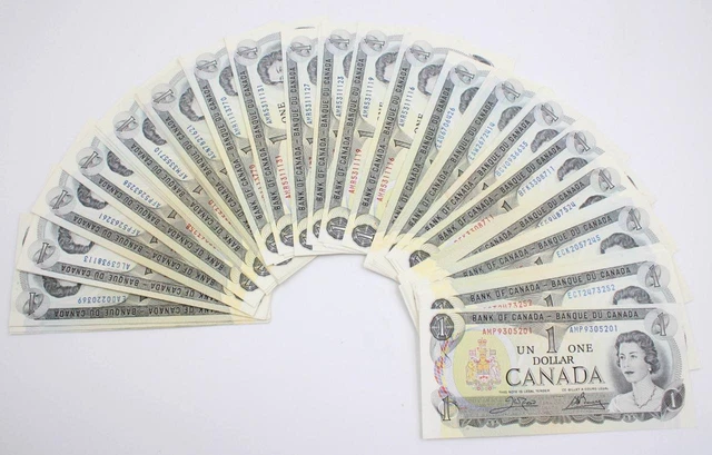 100x 1973 Canada $1 banknotes many consecutive runs  UNC to Choice UNC