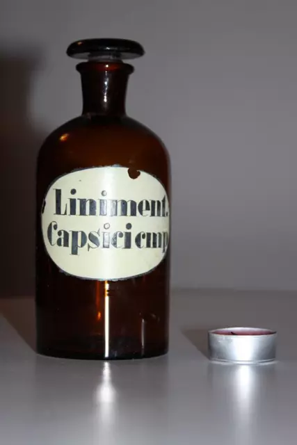 Apothekerflasche, Form selten, rund, alt, LINIMENT. CAPSICI CMP SCHLIFF STOPFEN