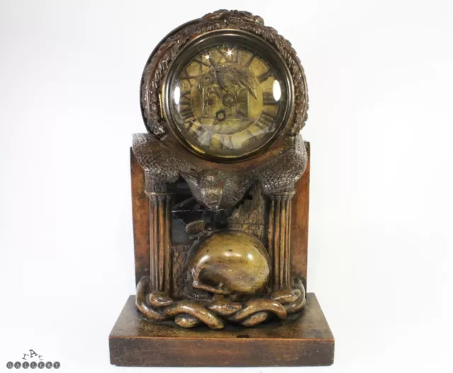 Georgian Carved Wood Memento Mori Death Clock - Skull Snakes c.1800