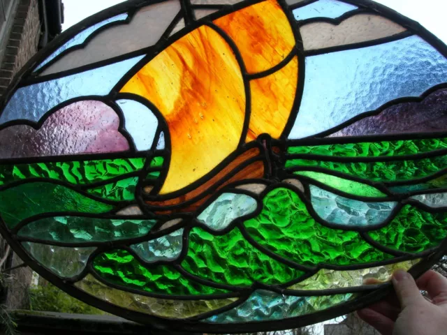 Antique ART DECO stained glass window "SAILING BOAT" c1930