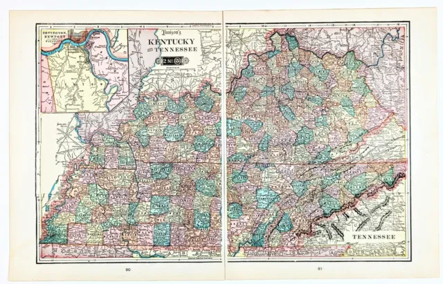 1904 Kentucky Tennessee Map Louisville Knoxville Lexington Nashville Memphis