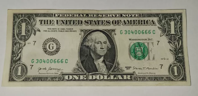 Dollar Bill 2017 G 666 Serial Number Chicago IIlinois G 30400666