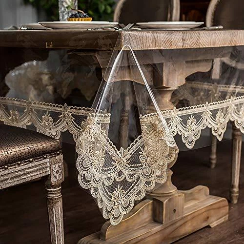 Vinyl PVC Rectangle Tablecloth Waterproof Clear Table Cover with Lace Macrame