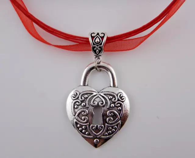 SILVER-TONE HEART PADLOCK PENDANT on red ribbon necklace Gothic Choker G5