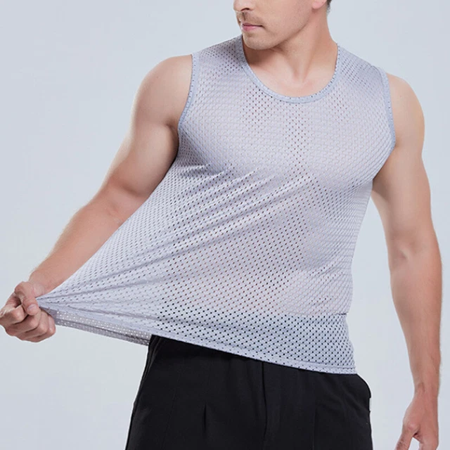 Uomo Rete Trasparente Gilet Camicia T-Shirt senza Maniche SPORTS Veloce Asciutto