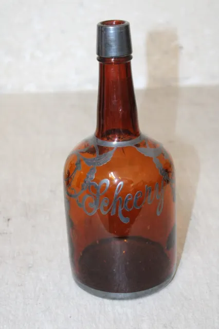 Antique Scheery Sterling Silver Overlay Backbar Whiskey Bottle Quart 10'' Marked