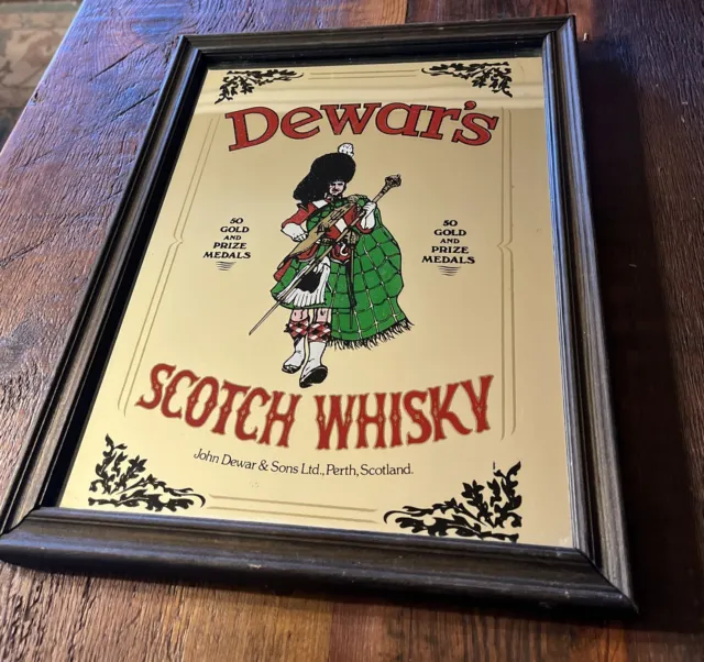 Vintage Dewars Scotch Whisky Mirror With Wood Frame Bar Mirror 10¾ x 13½"